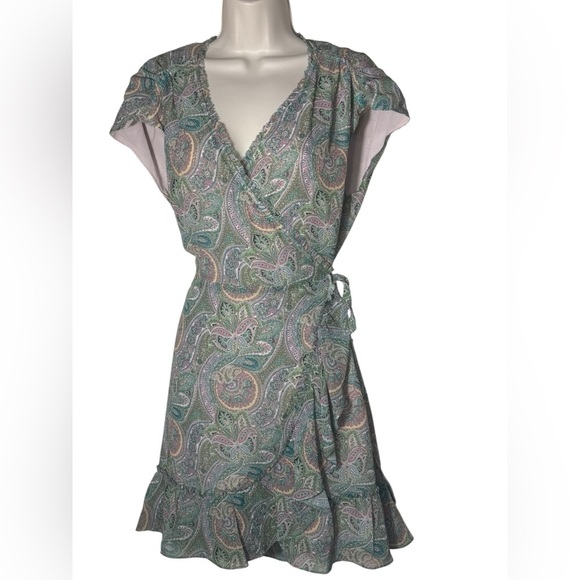 ALLSAINTS Zini Shahmina Paisley Wrap Mini Short Sleeve Dress Green Pink size 6 - Picture 6 of 17